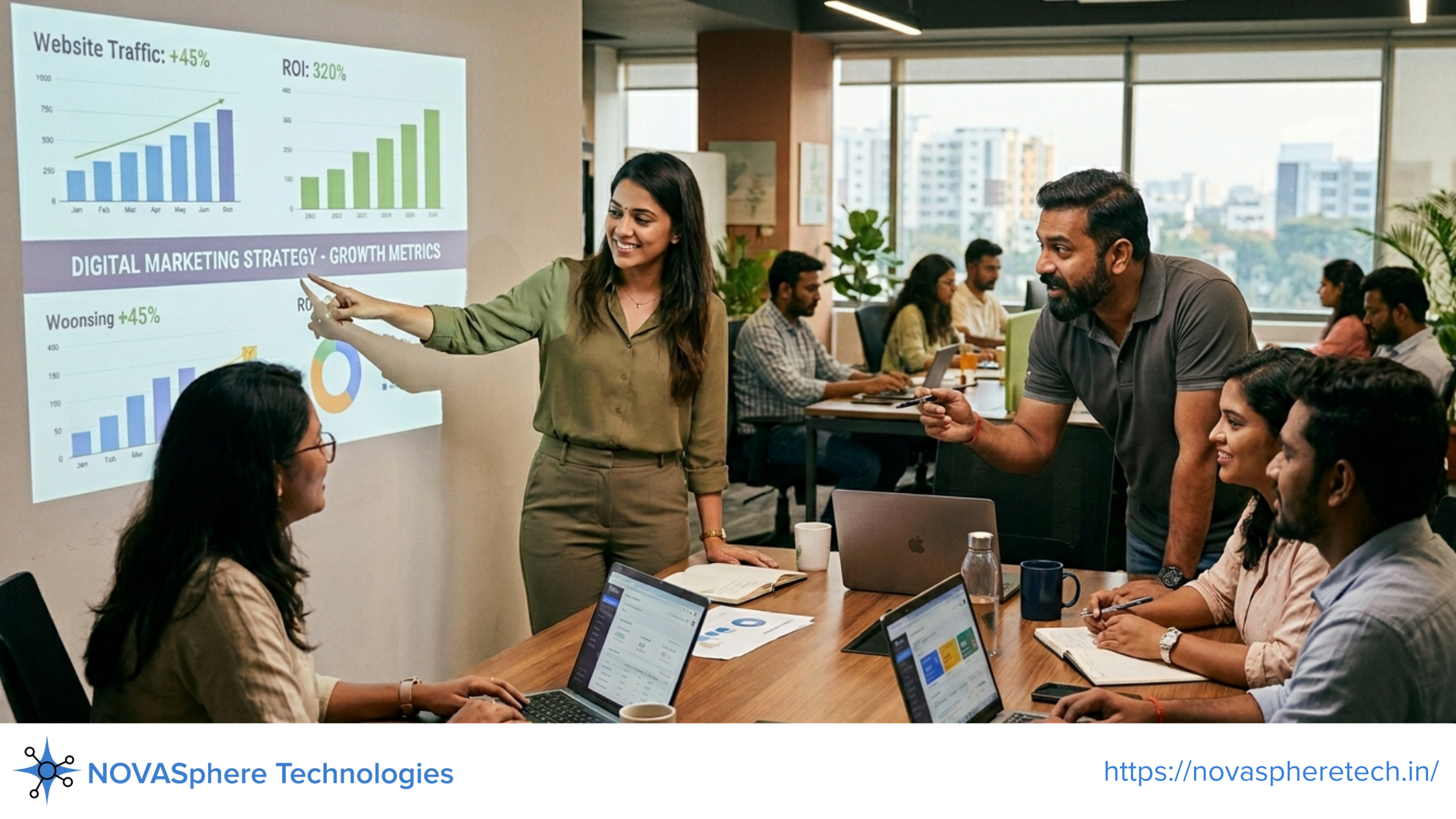 Digital marketing company team analyzing SEO results and ROI to improve online business growth.