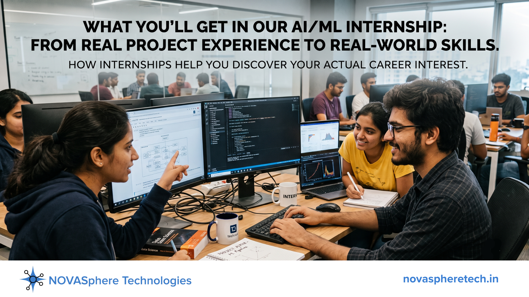 AI/ML interns collaborating on a live machine learning project at NovaSphere Technologies LLP